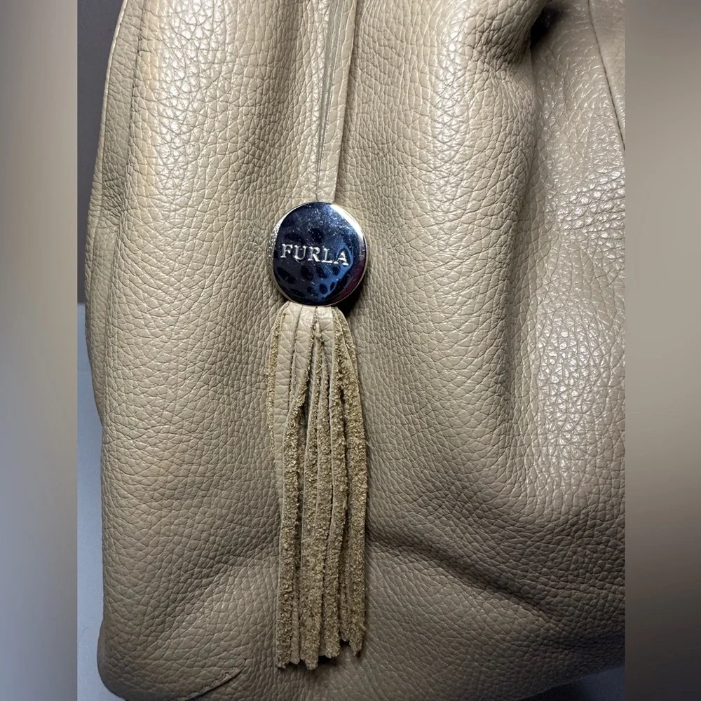 Furla Light Taupe Pebbled Leather Hobo Shoulder Bag with Tassel - EUC